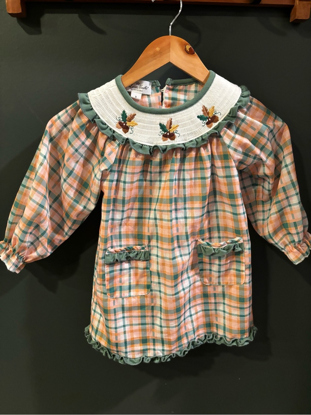 Plaid Smocked Collar Dress in Green & Peach - Kids